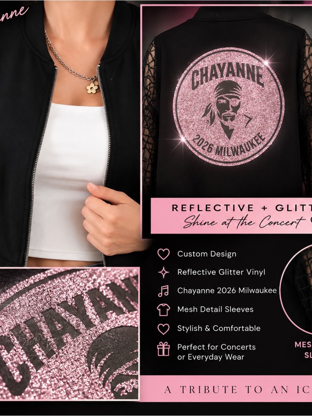 Reflective Glitter Black Jacket with Pink Logo